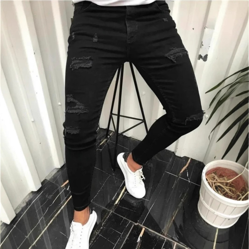 American Style High Street New AliExpress Tight Trendy Tape Rip Trendy Skinny Pants Solid Color Simple Denim Pants American Style High Street New AliExpress Tight Trendy Tape Rip Trendy Skinny Pants Solid Color Simple Denim Pants