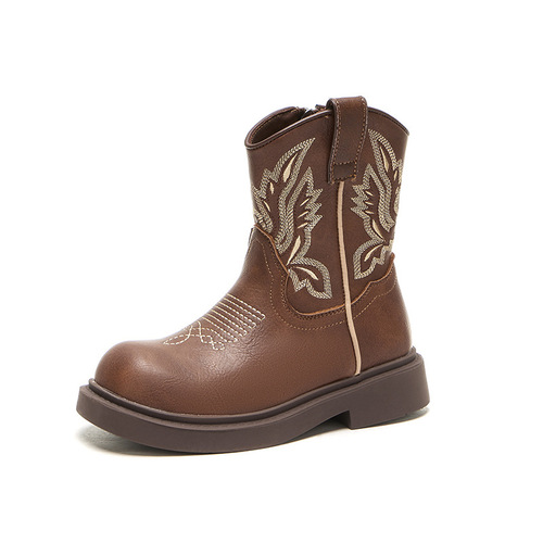 Children's Martin Boots New Autumn/Winter Soft Sole Mid-Center Chelsea Leather Boots for Girls Chinese Style Retro Embroidered Denim Boots