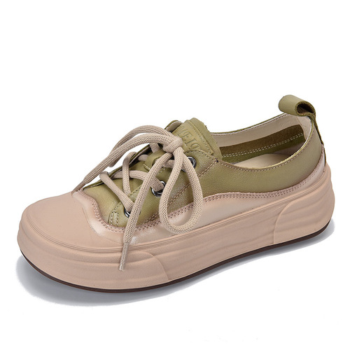Genuine leather casual shoes for women 2024 spring new round toe lace-up soft sole single toe layer cowhide low-top sneakers for women