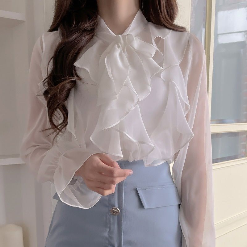 Trendy Niche Ruffle Blouse Spring Thin Chic Long-Sleeve Shirt French Simple Versatile Women's Top