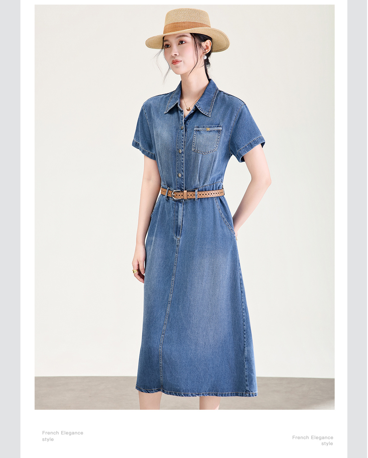 Váy denim nữ cạp cao dáng chữ A tay ngắn mùa hè — Cao bồi xanh chi tiết 8