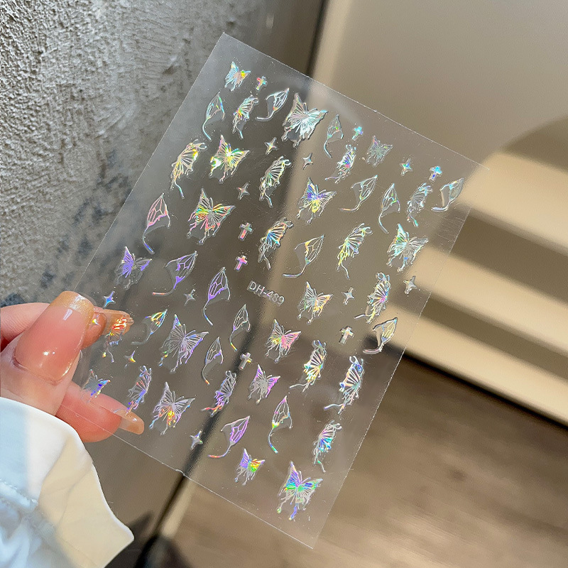 液体の蝶のネイルシールの立体レーザーと金銀の白黒の蝶の薄い靭性帯のゴムを背負って花の爪を貼って卸売りを貼ります。|undefined