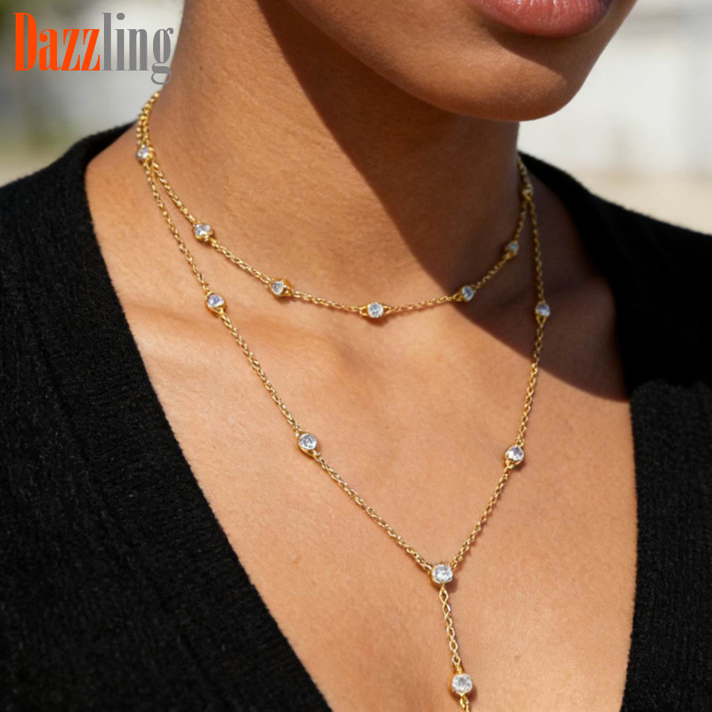 Women’s Round Zircon Double Chain Pendant Necklace Simple Versatile_voghion.com