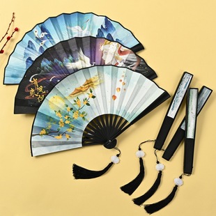8 inch hand-held dancing fan national style Chinese style double-sided silk cloth tassel ink painting Chinese tide fan antique folding fan