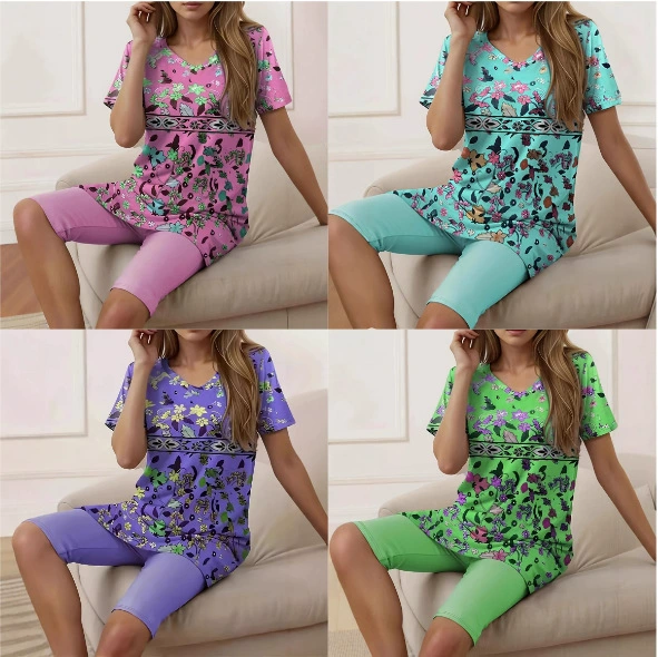 2025 новый Amazon трансграничный модный тренд высокого качества цветочный узор с короткими рукавами шорты набор для женской одежды