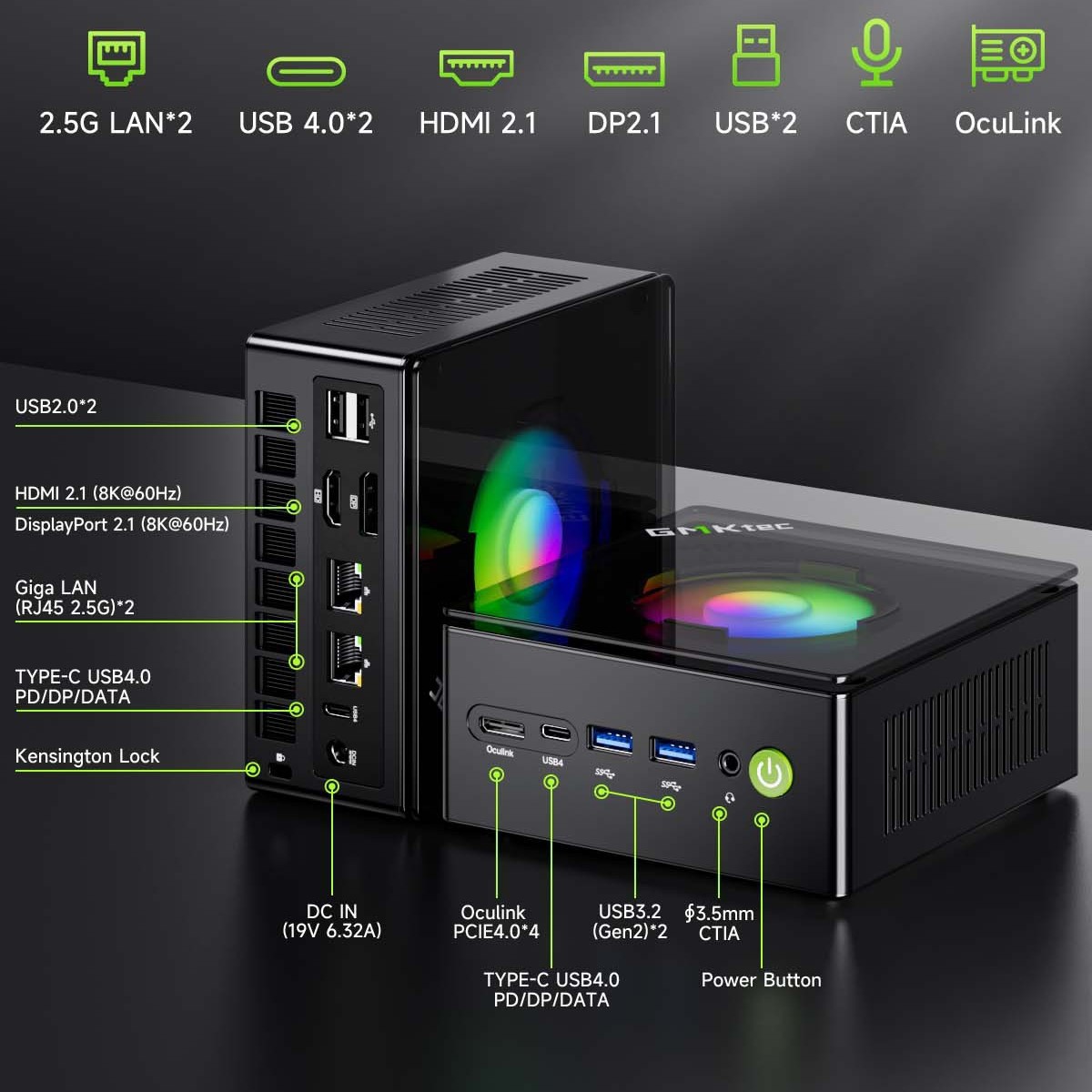 Jimoke K11 AMD R9-8945HS mini host de computadora 780M consola de juegos con pantalla dual DDR5