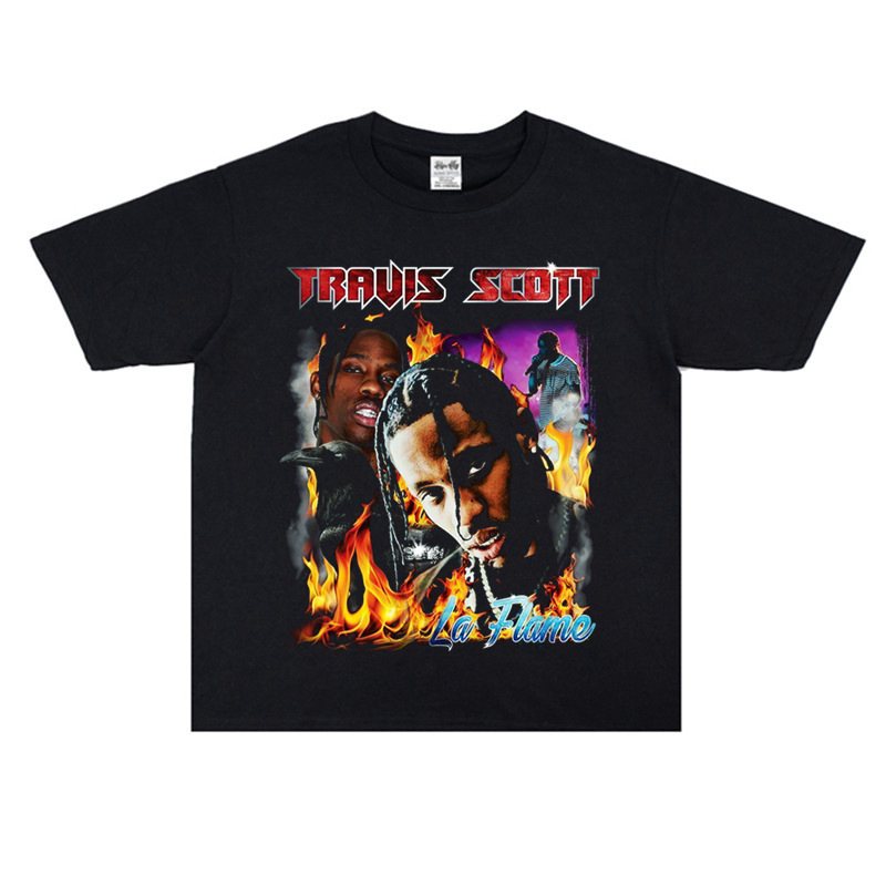 American Hip Hop Rapper Travis Scott Heavy Print Thick Loose Cotton T-shirt for Men and Women