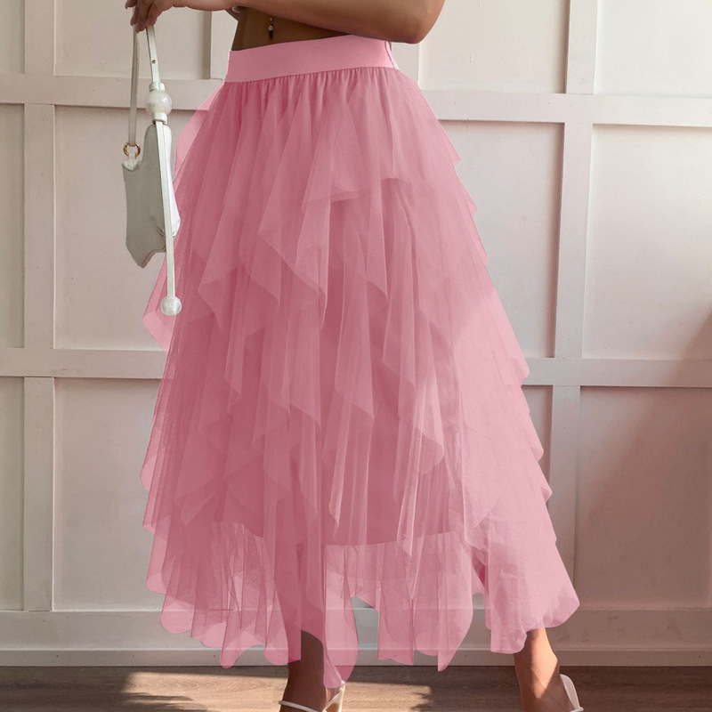 High-Waisted Elasticated Mesh Skirt, Irregular Layered Cake Skirt, Mid-Length Fairy-Style Flowing Long Skirt
