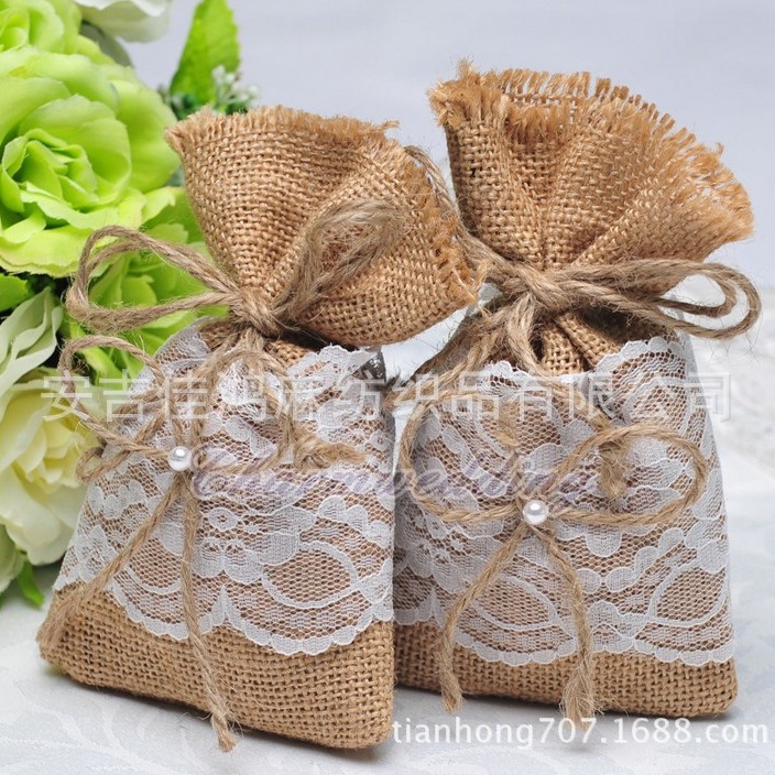 工厂直销 圣诞婚礼派对 束口糖果袋 小麻袋  黄麻蕾丝干果袋