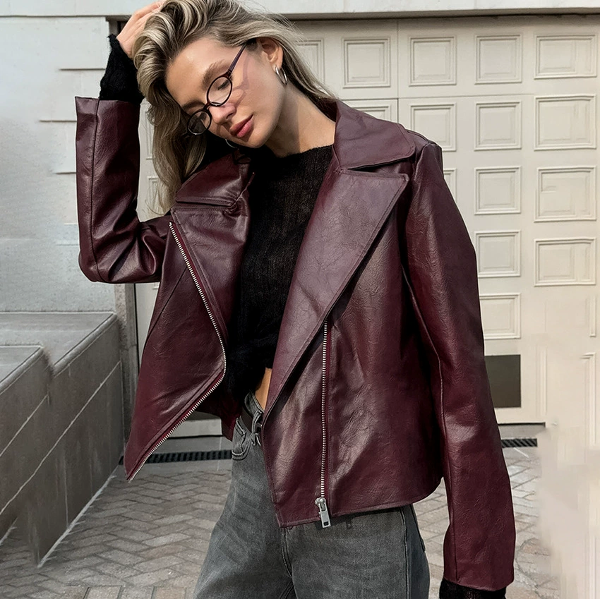 Осенне-зимняя модная пригородная ангорская красная куртка из искусственной кожи с воротником и длинными рукавами, новинка 2023 года, кожаная куртка в стиле ретро