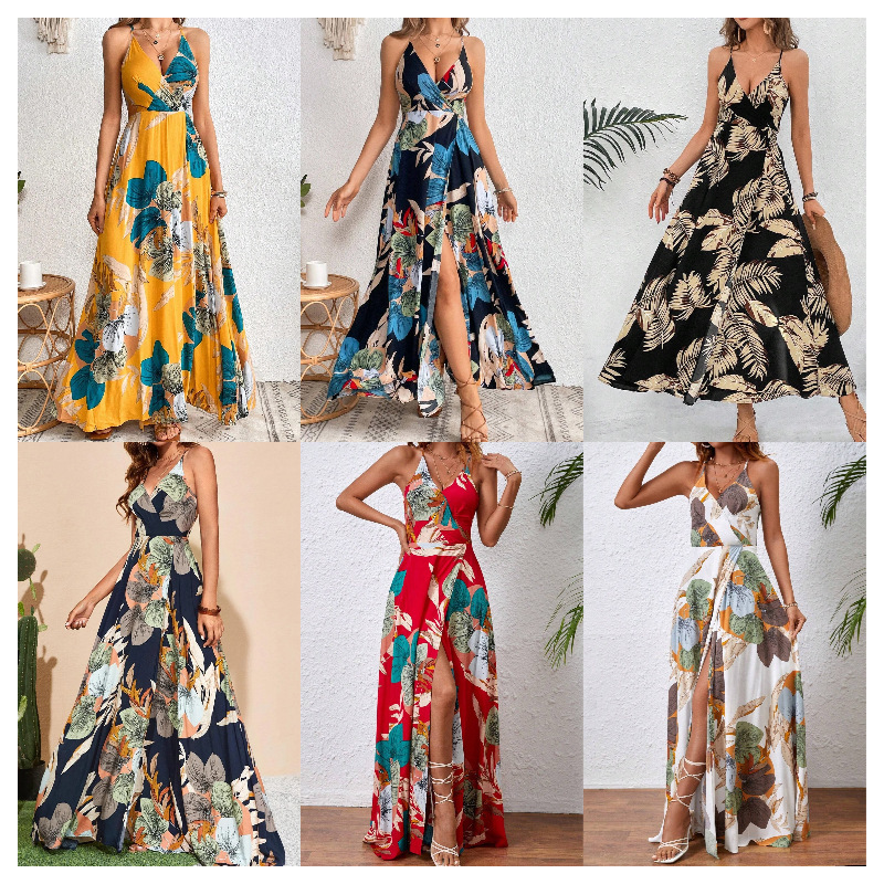 In-Stock Foreign Trade Cross-Border 1688 Hot-Selling European and American Tropical Print Thigh-High Slit Spaghetti Strap Dress