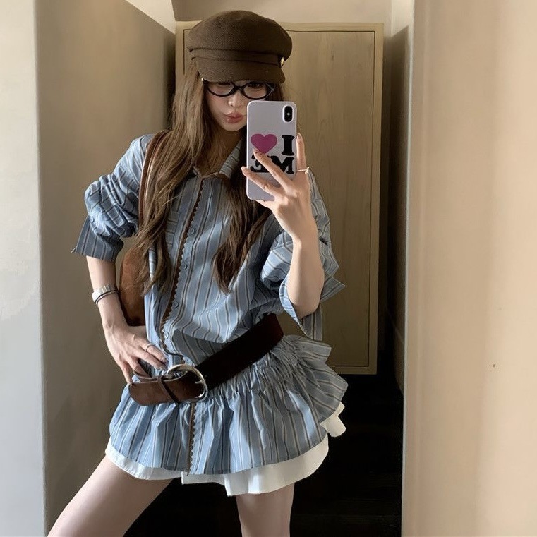 韩系设计感撞色条纹长袖衬衫上衣女早秋小众别致宽松chic气质衬衣|undefined