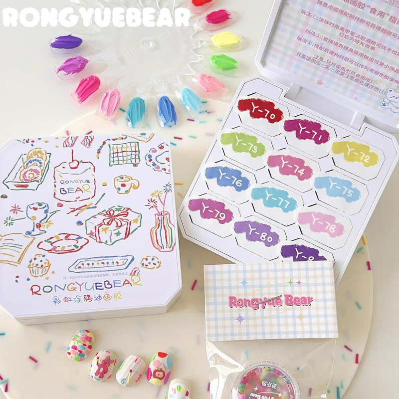 Rongyuebear High Saturation Rainbow Color Oil Painting Glue 12-Square Grids No-Wash Graffiti Nail Polish Glue