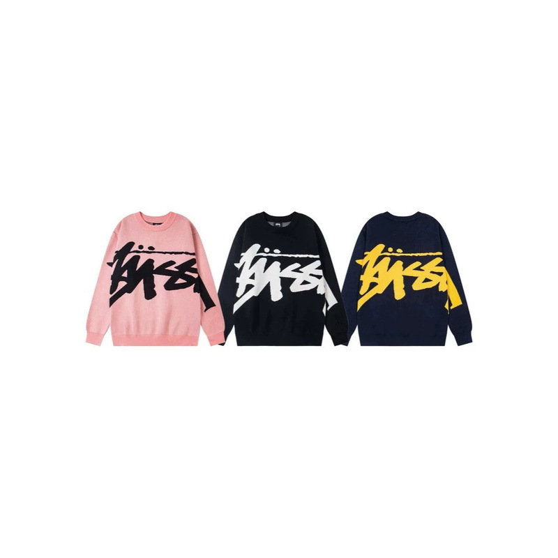 Cross-border Stussy large logo loose pullover crew neck hand-knitted oversized knit sweater for couples Cross-border Stussy large logo loose pullover crew neck hand-knitted oversized knit sweater for couples