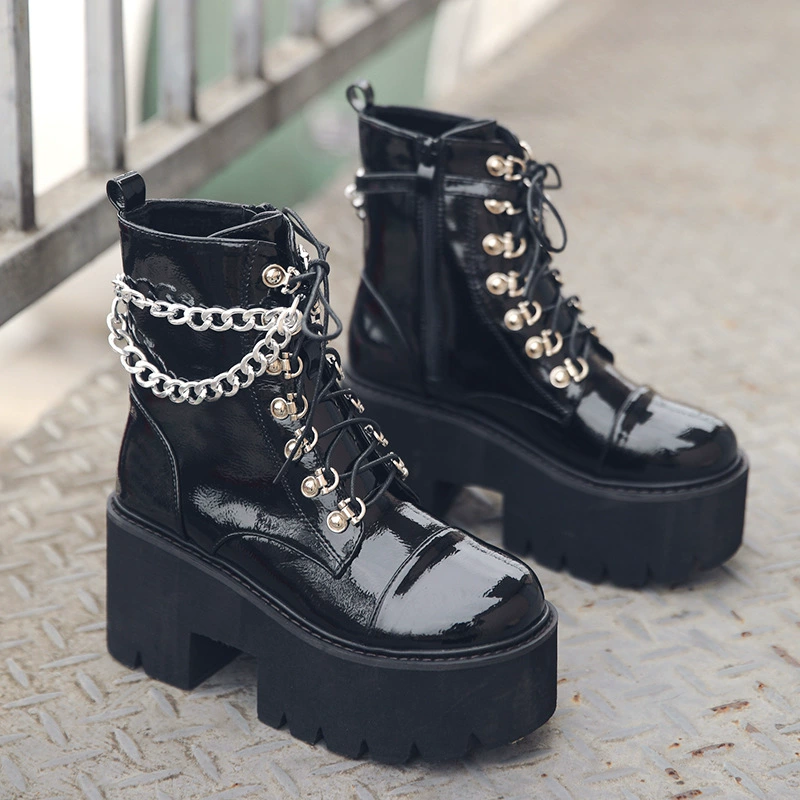 Slope and thick-soled patent leather chain punk short boots female winter 34-43 yards