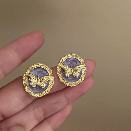 French Retro Butterfly Glaze Metal Earrings Light Luxury Niche Design Temperament Stud Earrings for Women