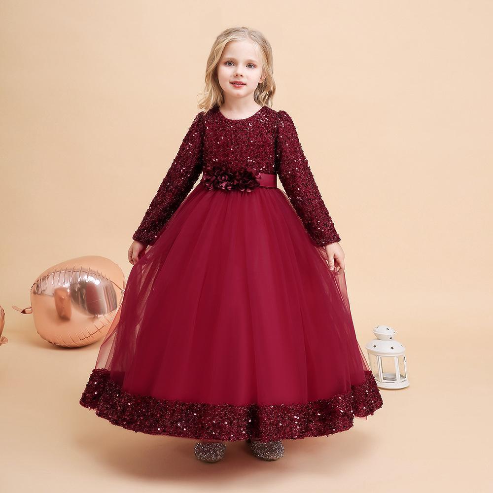 Amazon medio y grandes niñas fiesta pasarela vestido Banquete de los niños de Navidad malla de lentejuelas vestido de princesa de manga larga