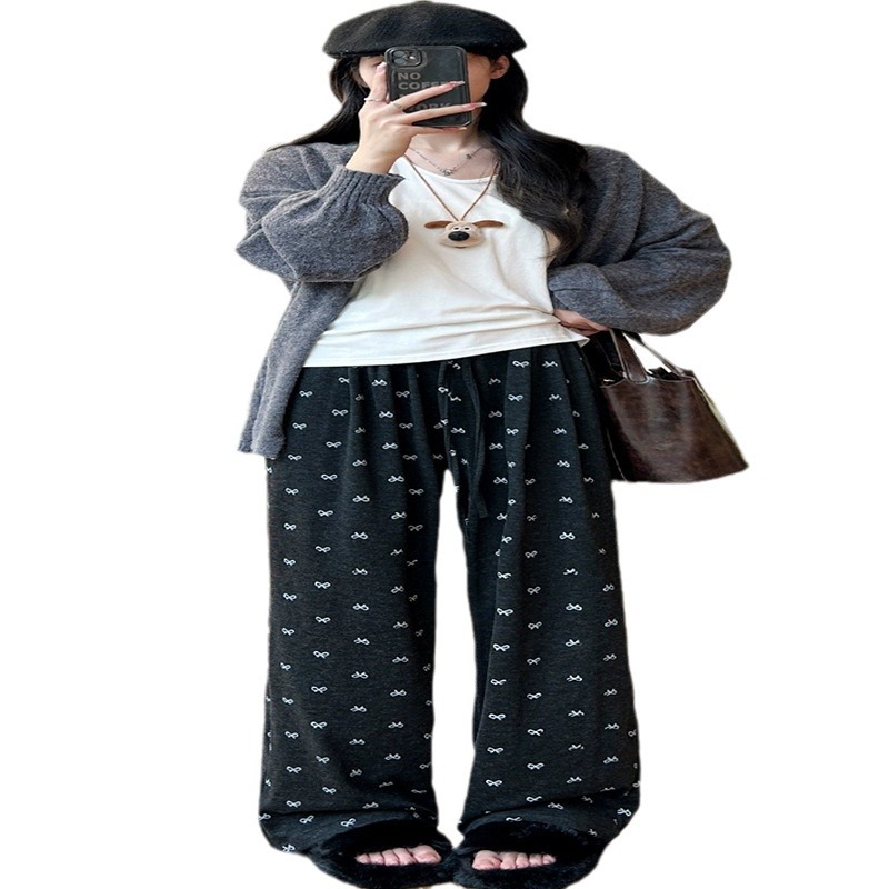 Pantalones Anchos de Felpa Suave con Lazo de Poliéster de Tiro Alto
