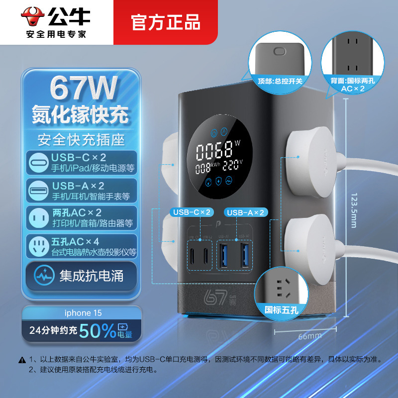 Regleta Bull de nitruro de galio — cargador de escritorio USB de carga rápida 20W/30W/67W para móvil y tablet