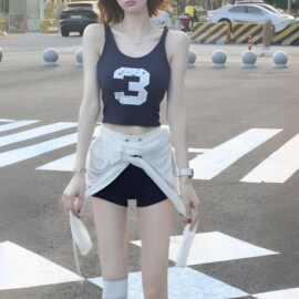 跨境夏季运动背心短裤女辣妹休闲字母吊带抽绳短裤防晒罩衫三件套