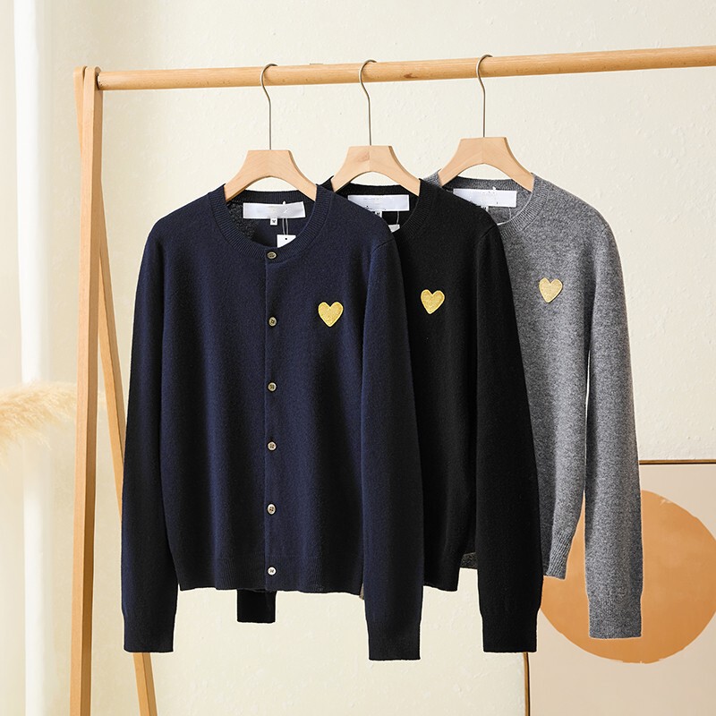 Japanese-Style Autumn and Winter Pure Wool Round-Neck Play Comme Des Garçons Gold Heart Knit Cardigan Long-Sleeve Rei Kawakubo Sweater for Women