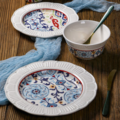 European and American Japanese ceramic plate creative relief irregular flat plate steak plate home underglaze color 9-inch plate