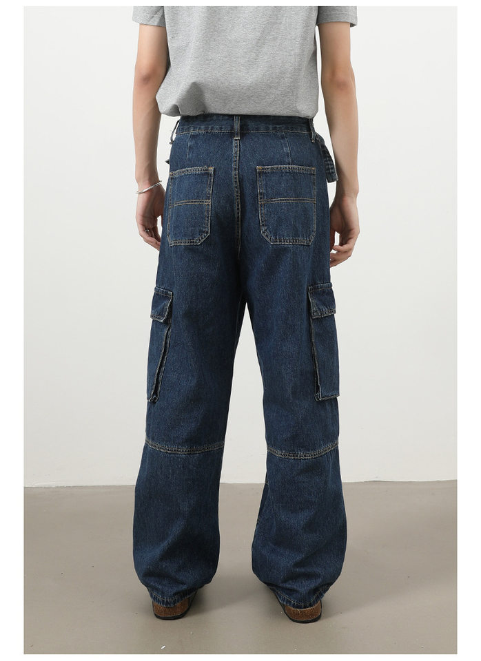 Quần jeans nam ống rộng thẳng phong cách đường phố, nhiều túi, lưng giữa eo — màu xanh đậm chi tiết 6