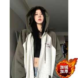 加绒加厚冬美式高街撞色棒球服拉链外套女连帽开衫长袖卫衣外搭潮
