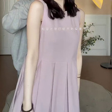 茶歇法式粉紫色短袖连衣裙小个子无袖背心裙长裙子女夏季2023新款