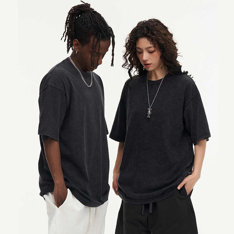 Retro americano camiseta de manga corta hombre nuevo estilo de verano cuello redondo suelto lavado con agua de gran tamaño para hacer viejas camisas de moda