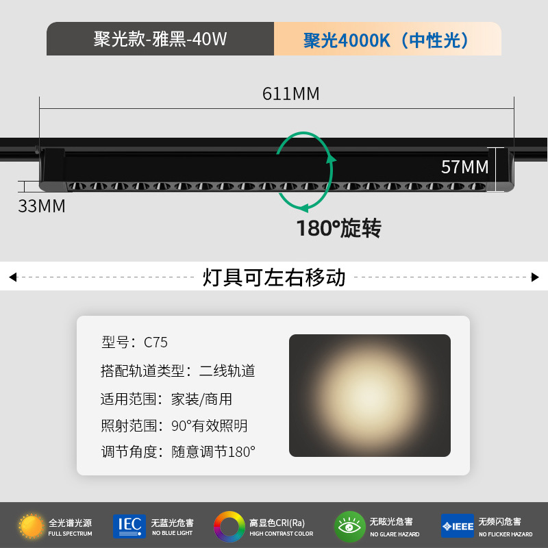 Extra bright spotlight black 40 watts-natural light