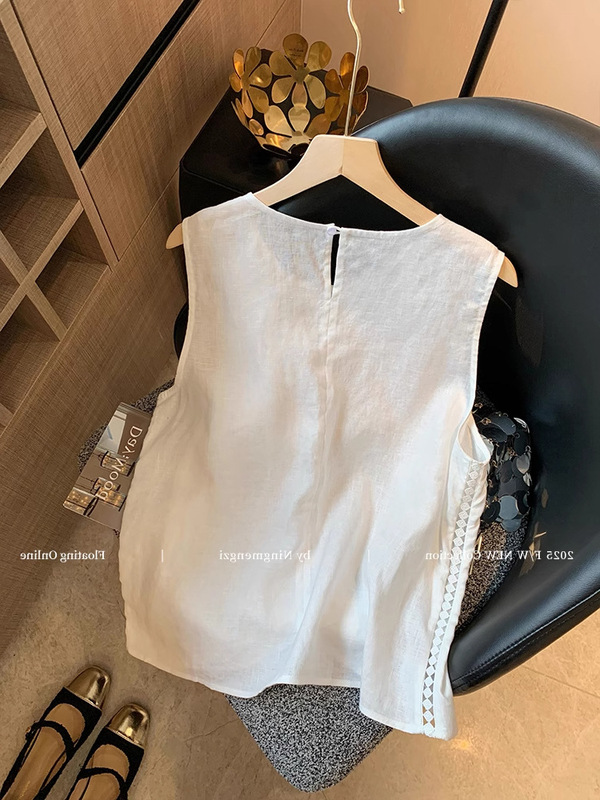 强货闭眼入！重工刺绣白色亚麻无袖背心女夏季高级感减龄轻薄上衣|undefined