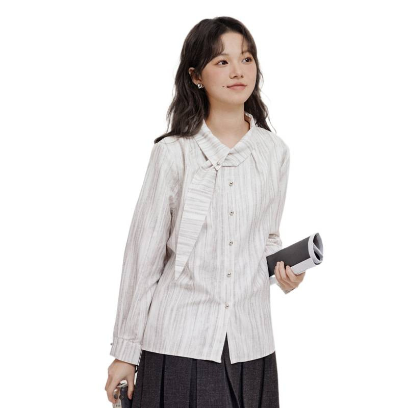 法式高级感穿搭竖条纹长袖衬衫女小众设计感飘带别致气质衬衣上衣|undefined