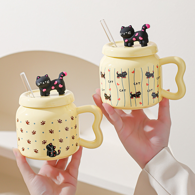 Taza de paja de dibujos animados de gato lindo suave Taza de oficina de alto valor con tapa Taza de pareja casera Taza de desayuno