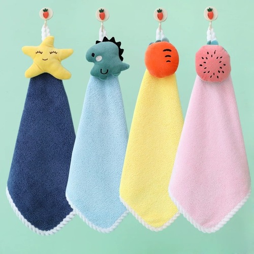 Hand Towel Cute Cartoon Hanging Towel Kitchen Bathroom Water Absorbent Soft Thickened Coral Velvet Hand Towel