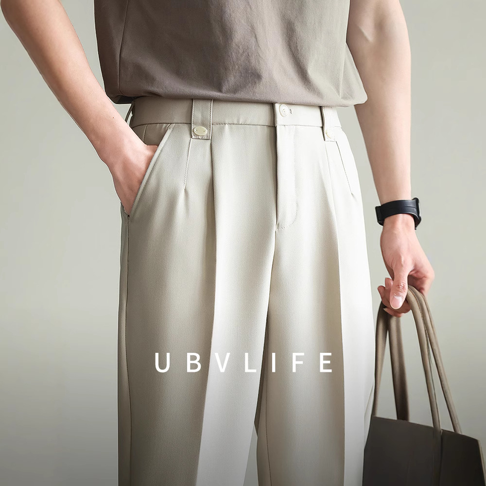 Drape Pleated Elasto Waist Business Pants Men's 2025 Summer New Tapered Cotton Blended Casual Commuter Pants