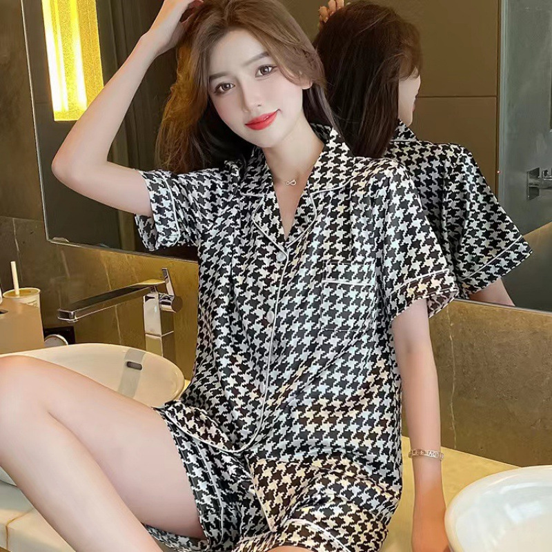 Sudeste asiático transfronterizo de verano de seda camiseta de hielo cardigan con solapa de manga corta ropa de seda set comercio exterior