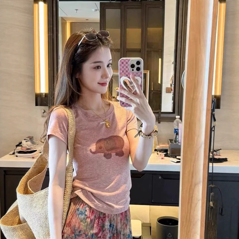 Brother's Boutique Quality Summer New Style Gentle Pink Elephant Print Short-Sleeve T-Shirt for Women, Age-Reducing Fashion Top