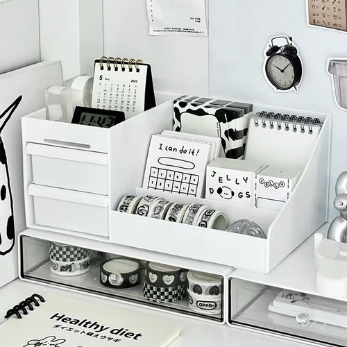 Drawer-style cosmetic storage box, dormitory desk, skincare products, desktop, vanity mirror, face masks, lipsticks, storage rack, stationery