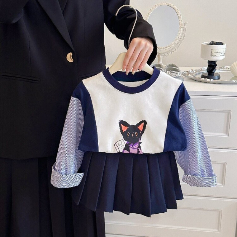 소녀 니트 셔츠 봄과 가을 유행 라운드 넥 스티칭 셔츠 캐주얼 스웨터 가을 의류 큰 어린이 및 학생 순수