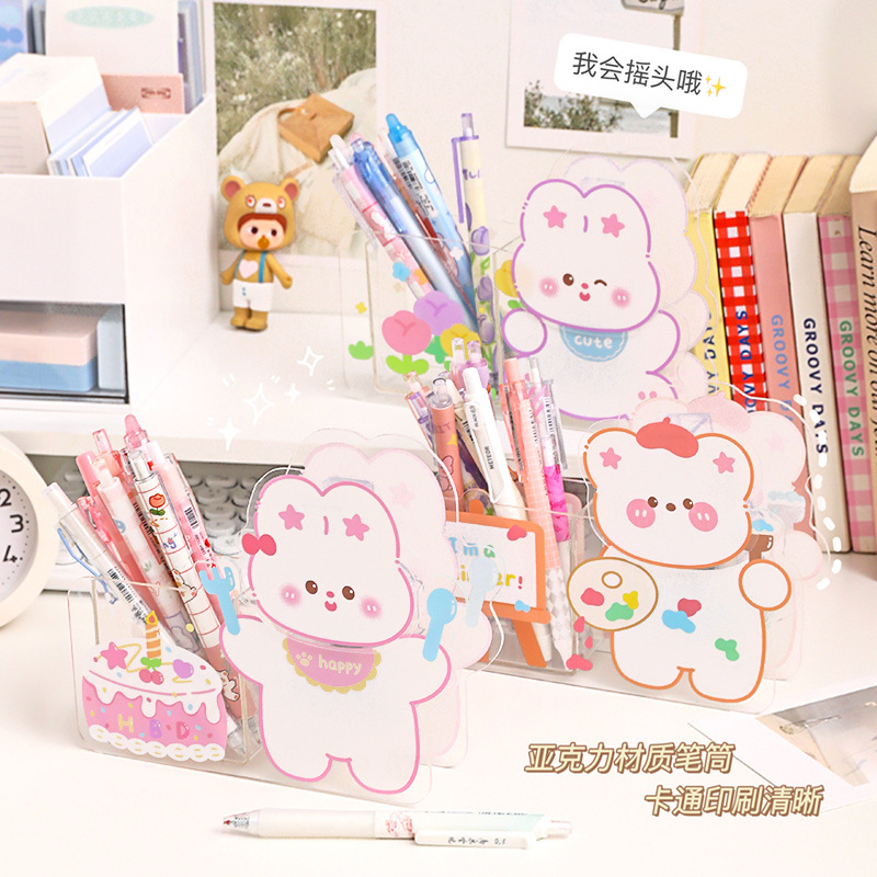 Titular de la pluma de acrílico transparente estudiante de secundaria caja de papelería de almacenamiento sacudiendo la cabeza swing caja de lápiz colgante papelería creativa al por mayor