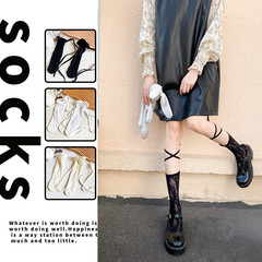 Ladies' Black and White Plain Color Spring and Summer New Arrival Elastic Ribbed Lace-up Lolita Style Mid-Calf Hosiery