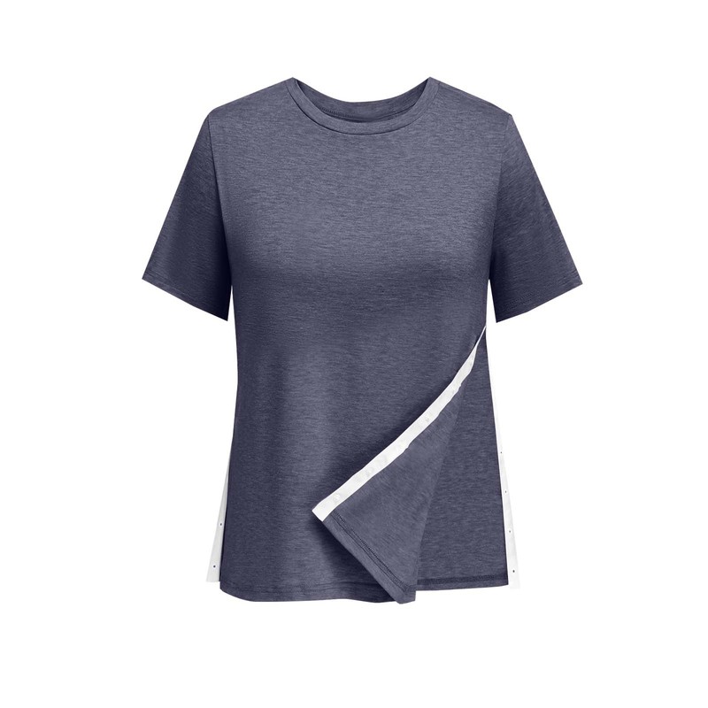 欧米のアマゾンの女性の半袖のtシャツの側の縫い目の調節のボタンの丸首のカジュアルでゆったりしている上着|undefined