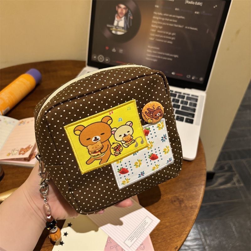 Cartoon Polka Dot Rilakkuma Makeup Bag, Large Capacity Instant Camera Bag, Girly and Stylish Miscellaneous Storage Bag
