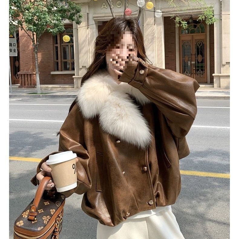 카라멜 컬러 빅 모피 칼라 퍼 올인원 다운 재킷 여성 겨울 2025 뉴 메일라드 스타일 캐주얼 두꺼운 재킷