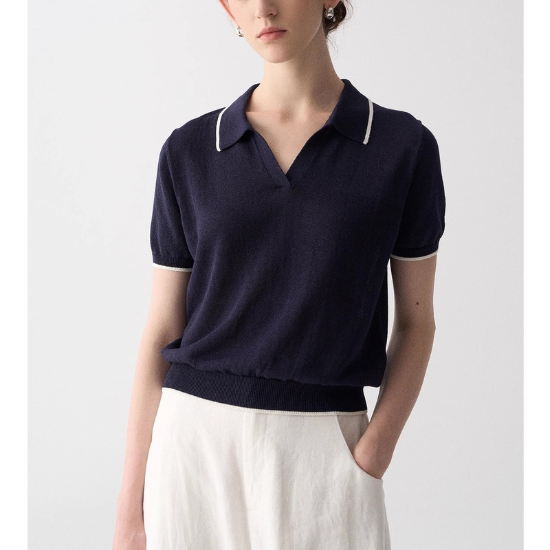 Japanese Paper Yarn Tencel Cotton Polo Shirt Old Money Style Tennis Short-Sleeve Knit Top Women's Sports Top Essential for Commuting