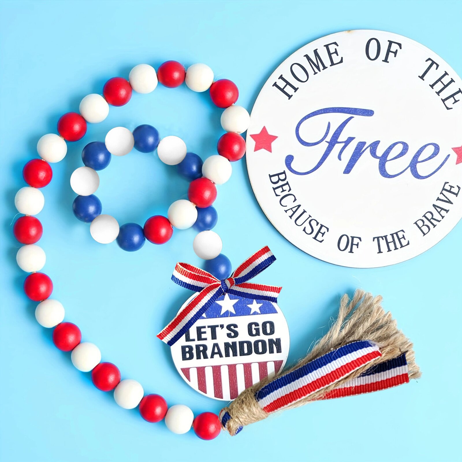 Inventario de EE.UU. Independencia diaria de perlas de bordilla colgante de madera DIY colorido cuerdas de cáñamo bordilla decoración colgante