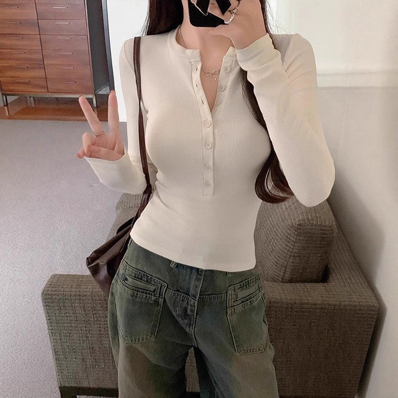 美式辣妹半开圆领纽扣长袖T恤秋季打底衫紧身显瘦内搭打底衫上衣|undefined