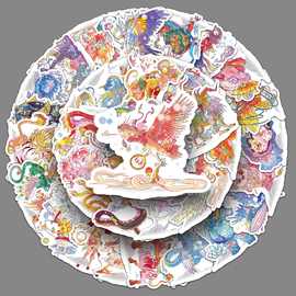 50张山海经涂鸦贴纸跨境个性国潮风插画装饰手机壳水杯滑板贴纸