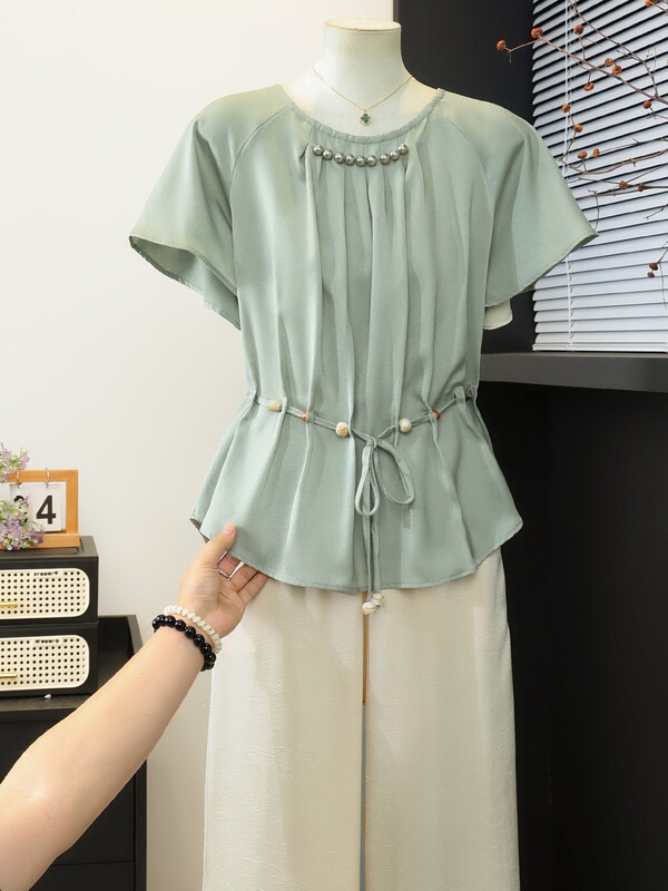 Mother's Day Summer Short-Sleeved Chiffon Blouse for Middle-Aged and Elderly Women, Elegant Waist-Cinching Slimming Top Two-Piece Set
